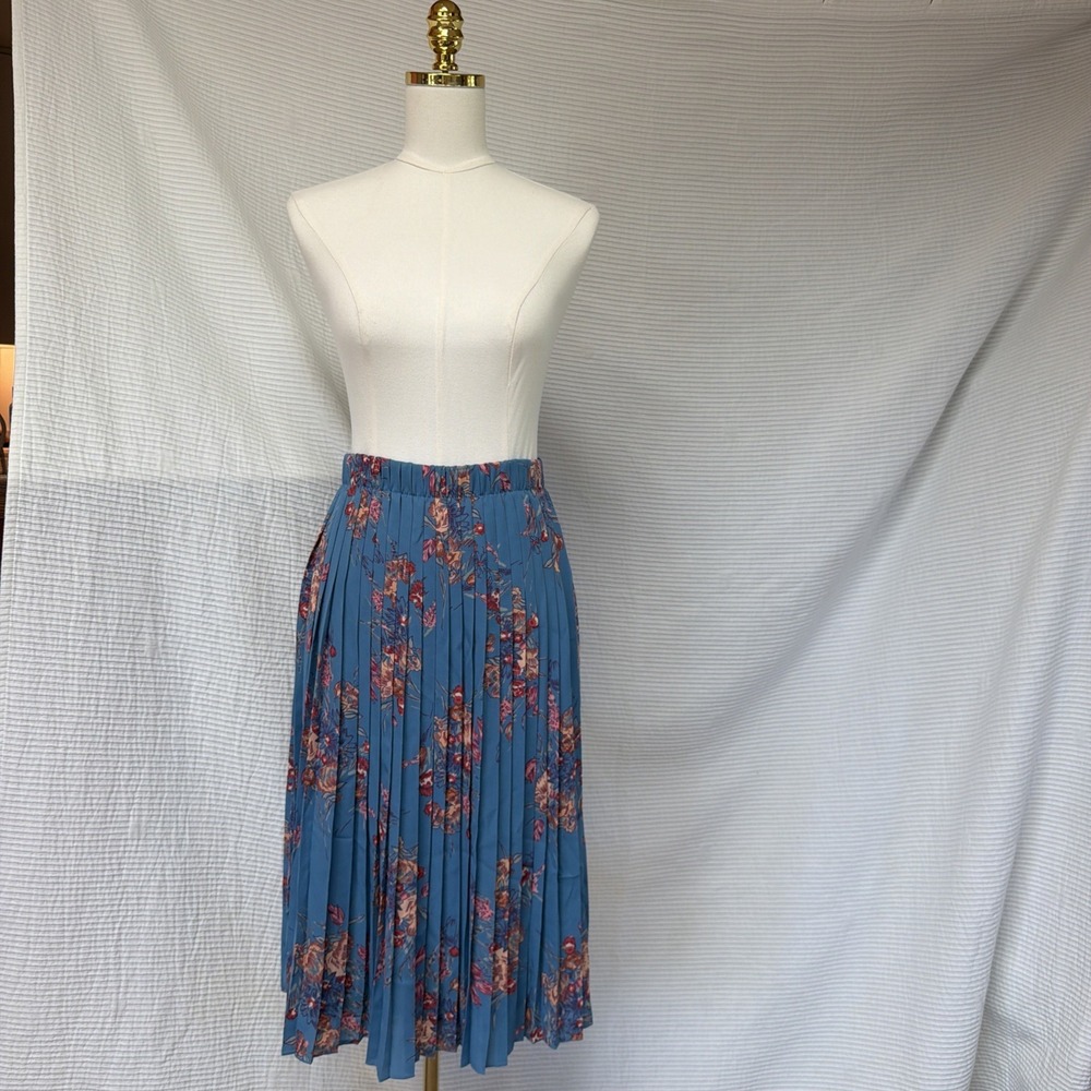 Zara Pleated Blue Floral Midi Skirt Small Elastic Waist